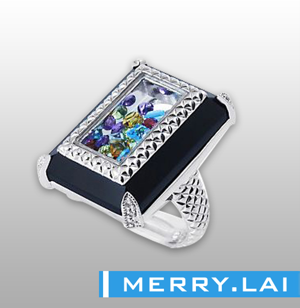 316L 不锈钢高抛光间电黑色方盒戒指装配彩色进口水钻